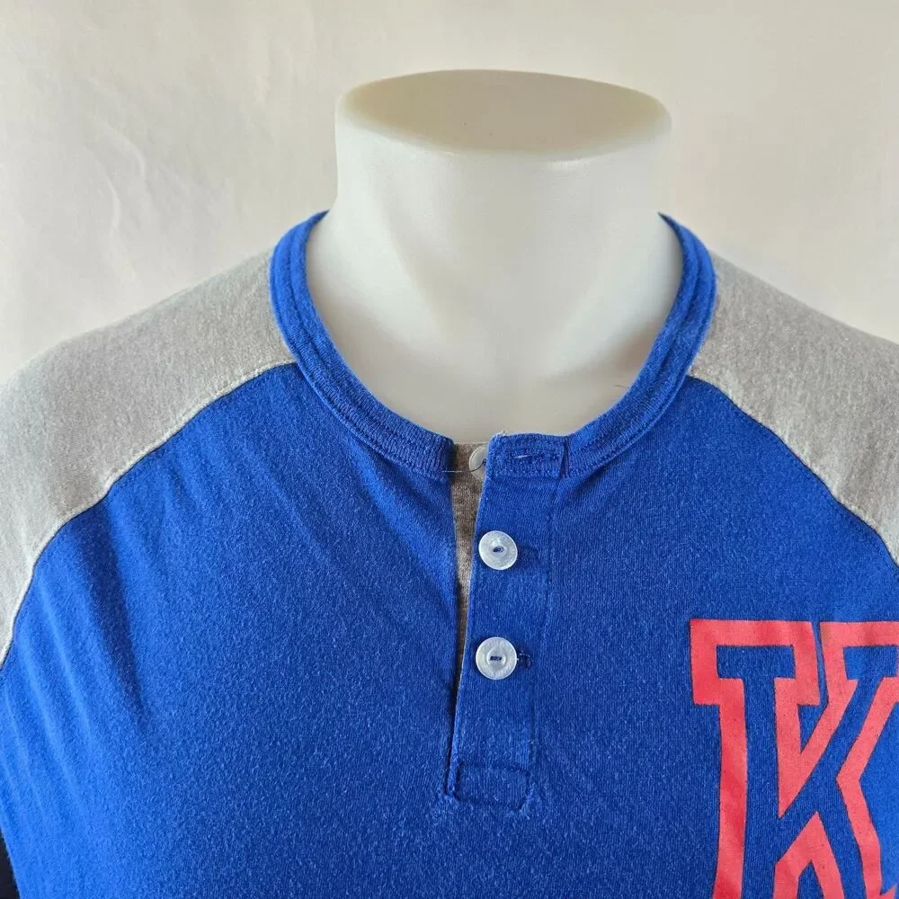 Kansas Jayhawks T Shirt Mens Large Blue Gray Adidas Henley Raglan Retro Style